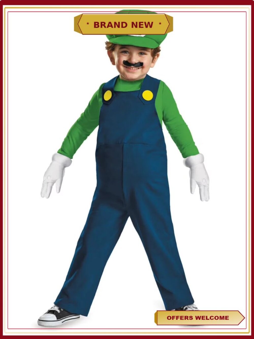 Toddler Luigi Halloween Costume 3T-4T Jumpsuit Hat Gloves
